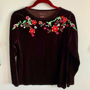 Vintage Black Velour Multicolored Embroidered Flower top-The TOG Shop New, Sz M